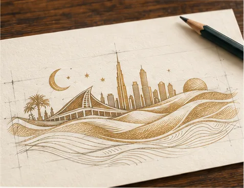 A gold Dubai skyline and desert composition sketched on paper beside a pencil.