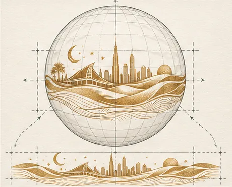 The Dubai illustration mapped onto a sphere, with a flat artwork study below.