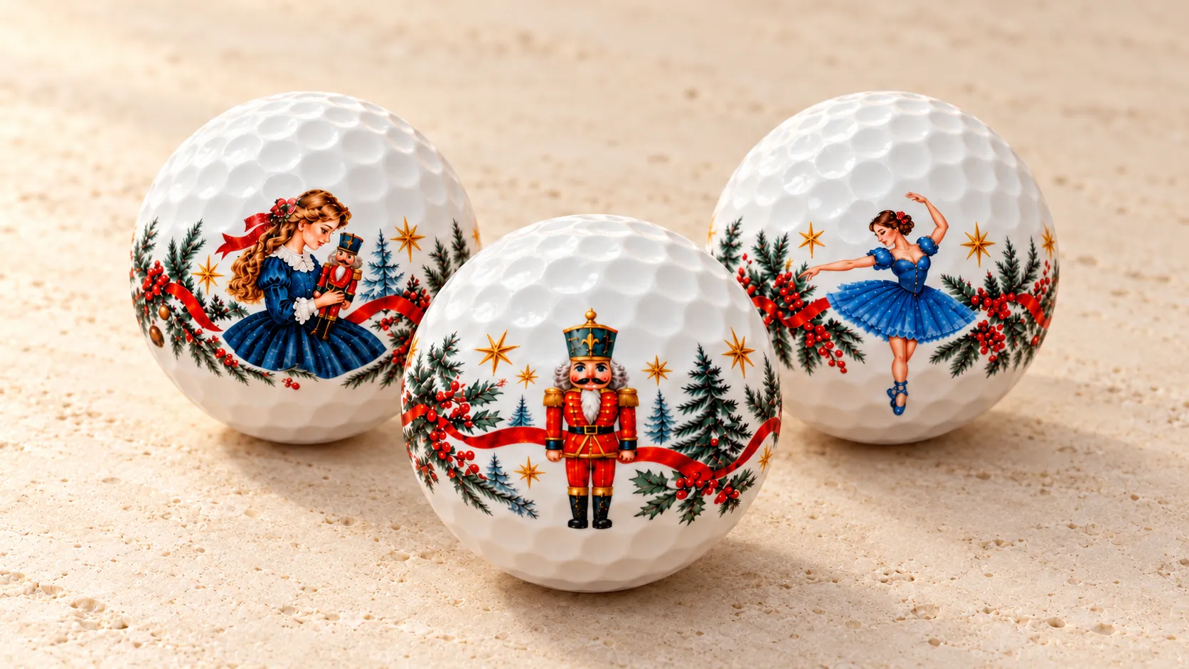 Three illustrated SHOMANHAUS Nutcracker golf balls showing a girl, a nutcracker and a ballerina on warm limestone