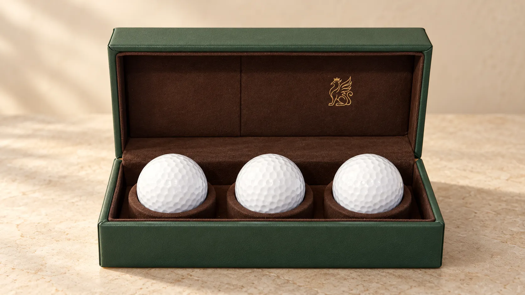 Open forest-green SHOMANHAUS signature gift box with brown lining, a gold griffin and three plain white golf balls