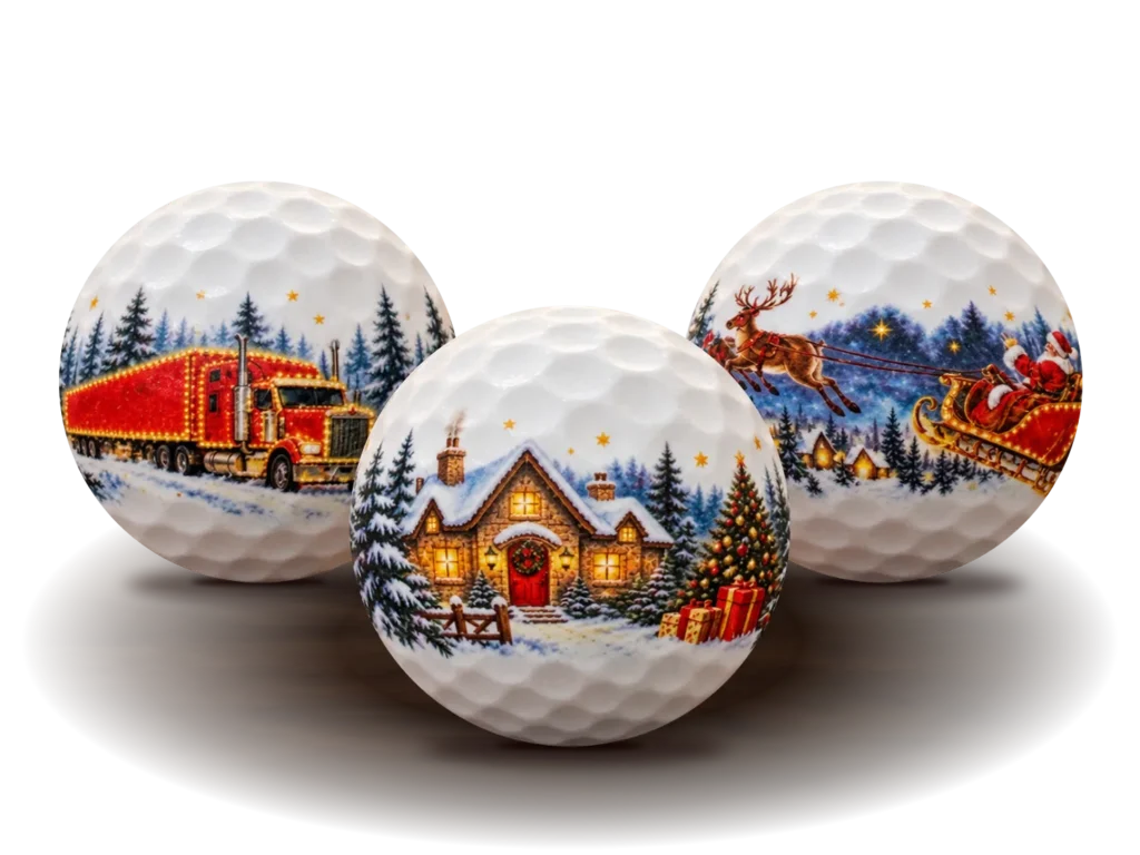 Three round Christmas collectible golf balls with a red truck, snowy cottage and Santa sleigh on a softly blurred dark walnut surface