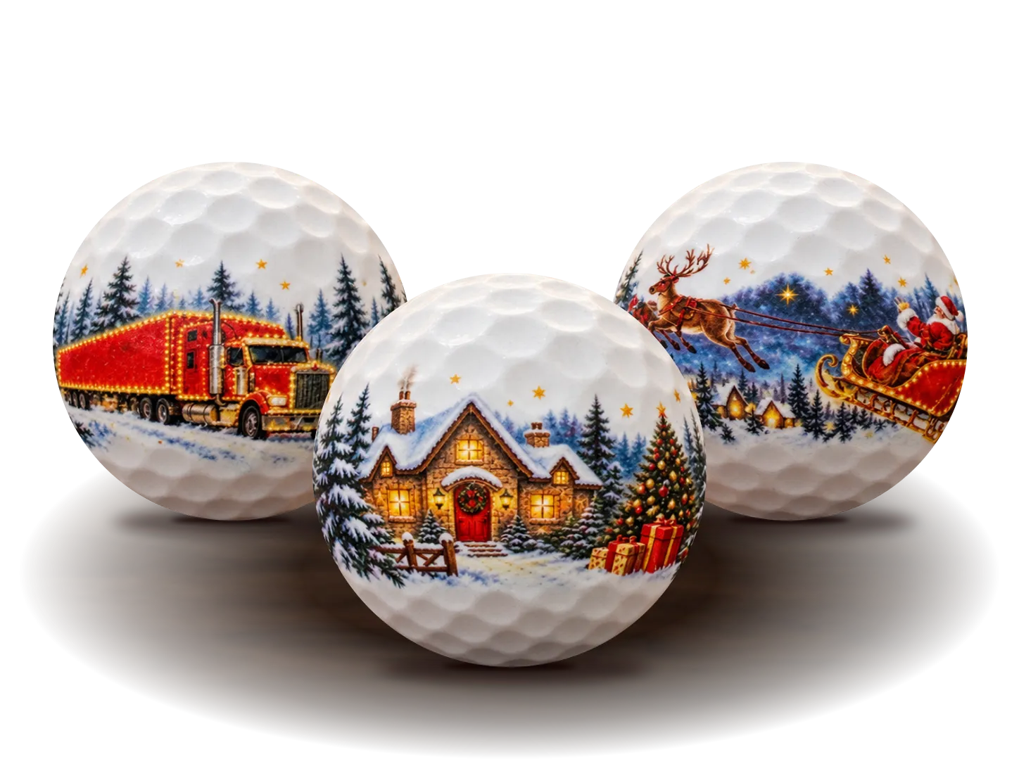 Three Christmas collectible golf balls depicting a red truck, a snowy cottage with presents and Santa’s sleigh on a walnut table