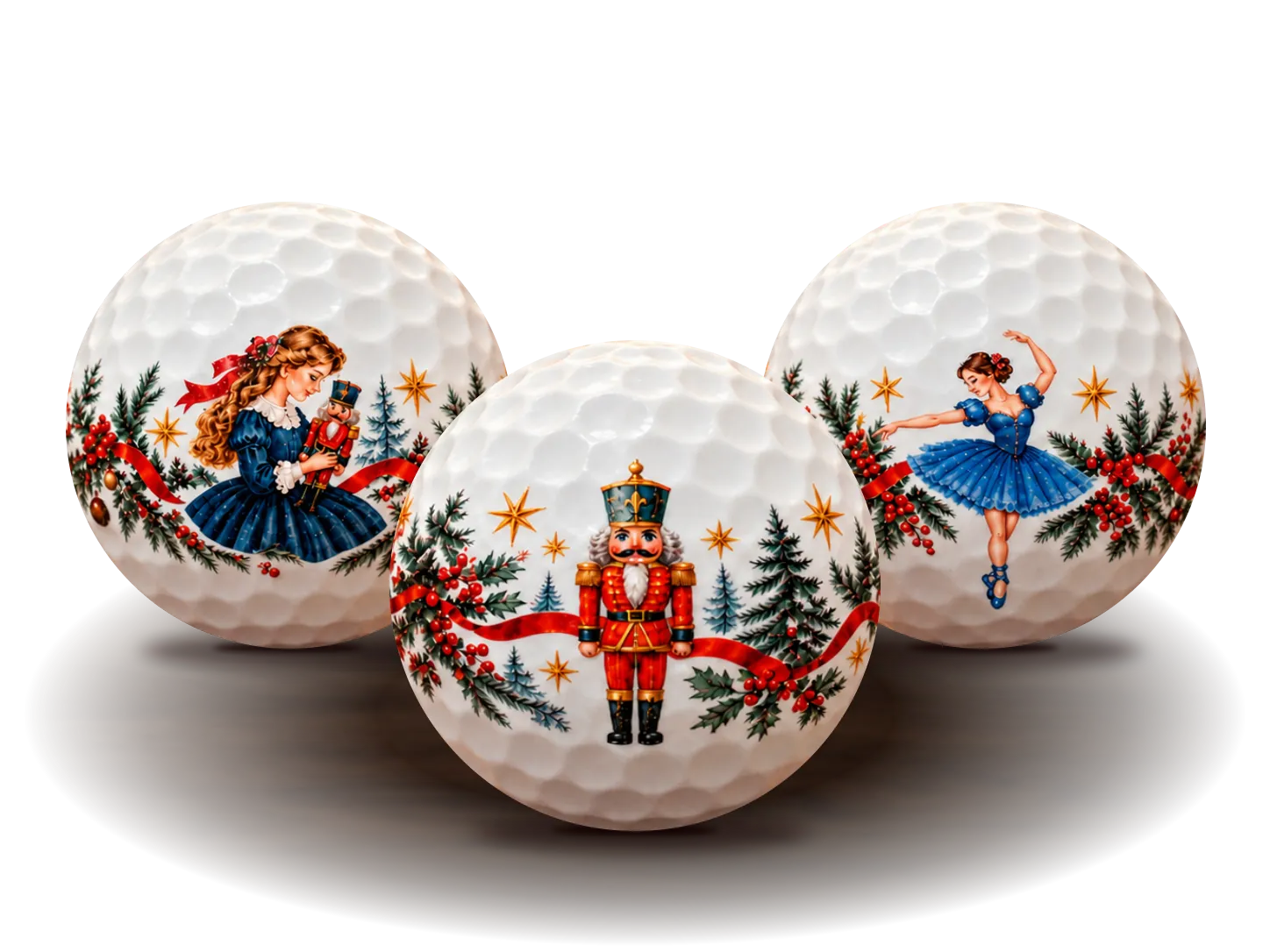 Three round Nutcracker collectible golf balls with Clara, a toy soldier and a blue ballerina on a warmly lit wooden surface