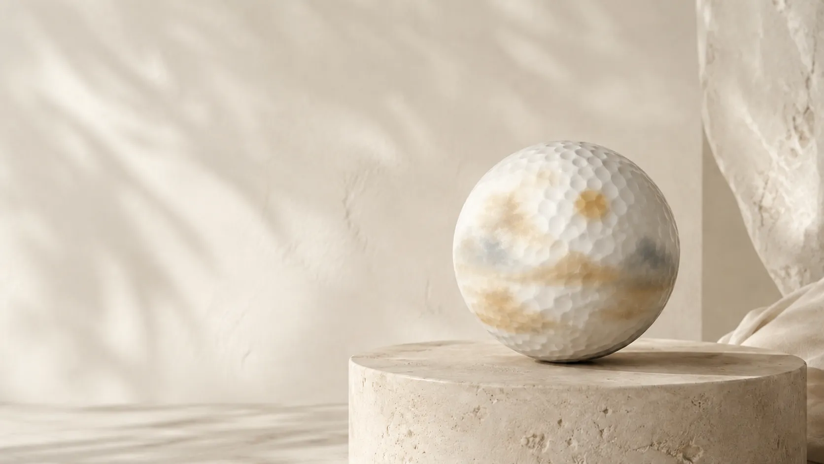 Desert Mirage teaser: golf ball with strongly diffused gold and warm-grey colours on a cream stone pedestal