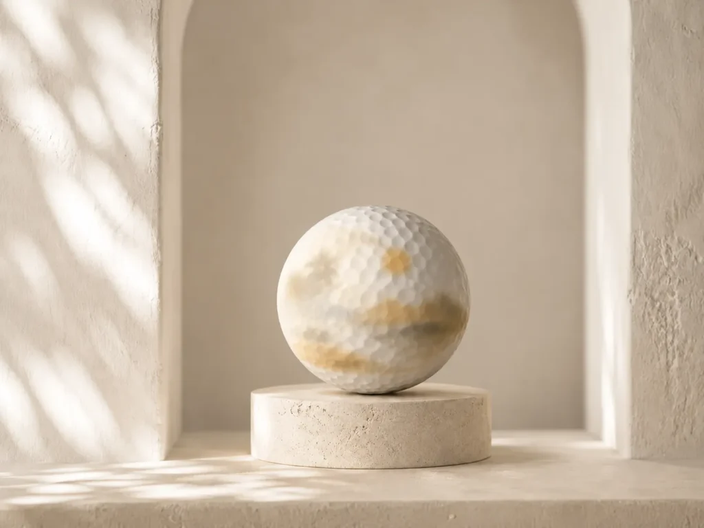 Desert Mirage teaser: strongly diffused gold and warm-grey ink on an ivory golf ball with crisp dimples