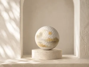 Desert Mirage teaser: strongly diffused gold and warm-grey ink on an ivory golf ball with crisp dimples