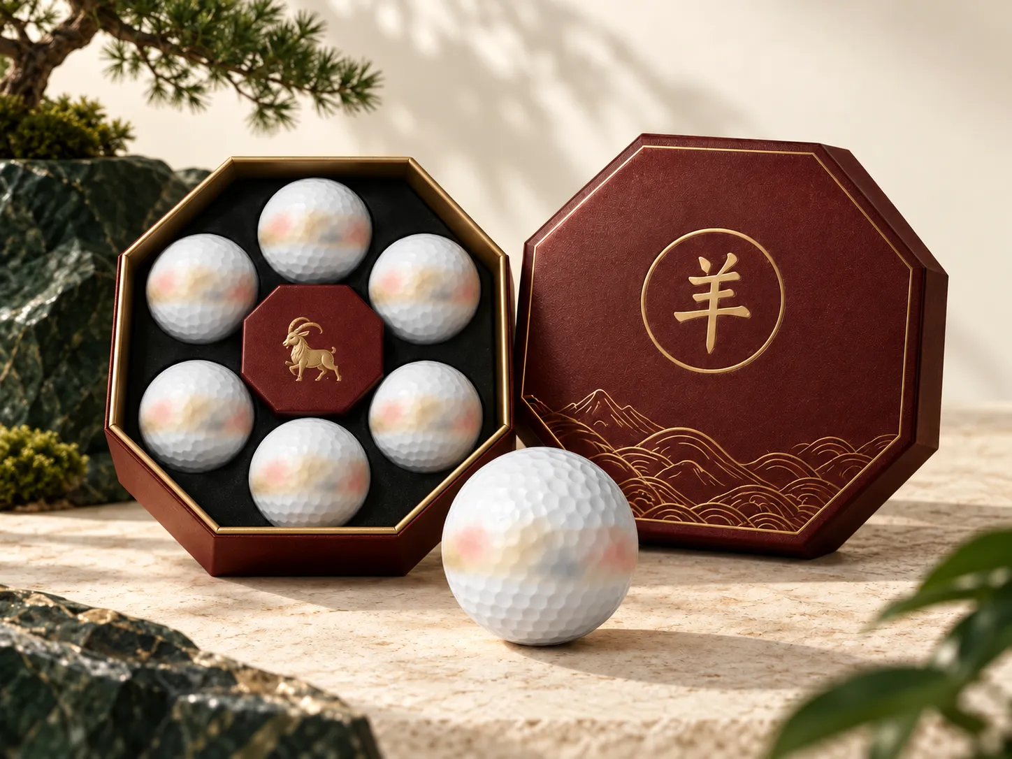 Fire Goat 2027 packaging concept: burgundy octagonal box with six decorated golf balls and gold detailing