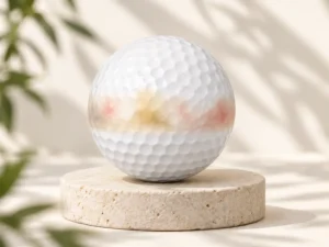 Fire Goat collection teaser: strongly diffused pale gold and rose ink on an ivory golf ball with crisp dimples