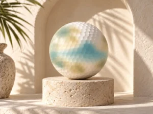 Mauritius collection teaser: strongly diffused teal and olive ink on an ivory golf ball with crisp dimples