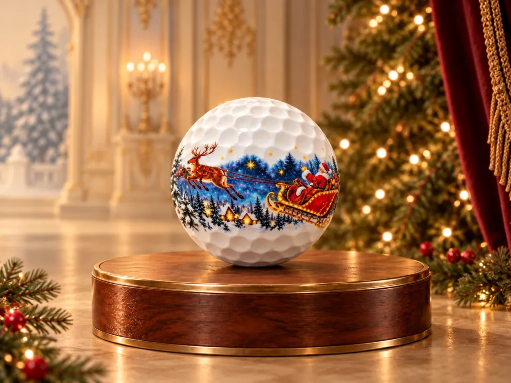 Santa’s sleigh and reindeer golf ball from Christmas is Coming on a walnut and brass podium in a warmly lit Christmas palace setting