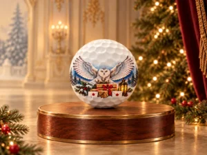 Snowy owl golf ball from Wizard’s World on a walnut and brass podium in a warmly lit Christmas palace setting