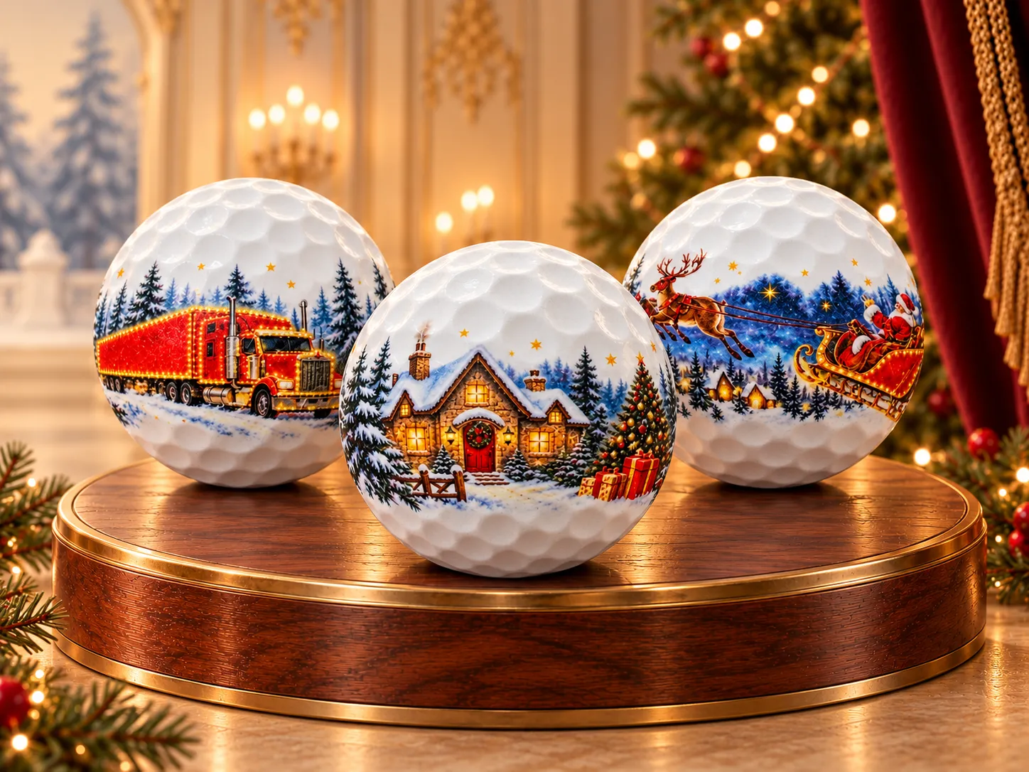 Christmas is Coming complete three-ball set with the illuminated truck, snowy cottage and Santa’s sleigh on a walnut and brass podium in a warm Christmas palace