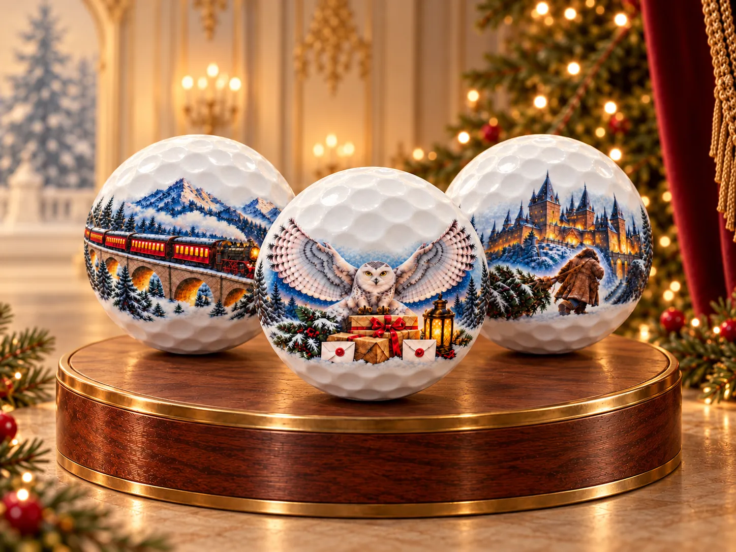 Wizard’s World complete three-ball set with the snowy train, owl and illuminated castle on a walnut and brass podium in a warm Christmas palace