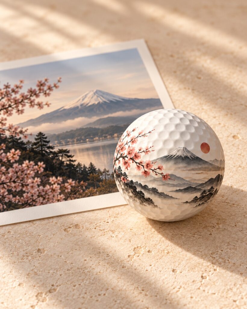SHOMANHAUS Japan collectible golf ball illustrated with Mount Fuji and cherry blossoms, beside the original landscape print